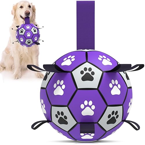 QDAN Dog Toys Soccer Ball with Straps - Durable Dog Balls for Large Dogs, Outdoor Dog Toys, Summer Dog Water Toy, Herding Ball, Puppy Dog Birthday Gifts (8 Inch) - Large Size 3 - Purple White