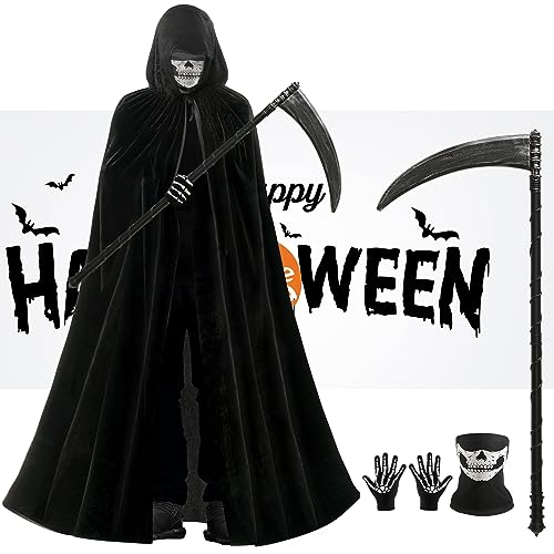 JAICOM Grim Reaper Costume, Scary Halloween Costumes for Adults With Scythe, Skull Mask, Glow Gloves, Suitable for Halloween Party, Dead Vampire Cosplay Ball, Horror Atmosphere Decoration