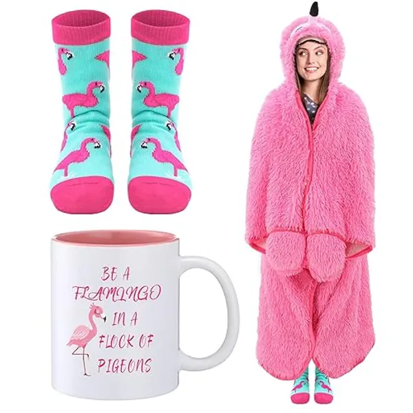 VitalCozy 3 Pcs Gifts for Women Blanket Fuzzy Slipper Socks 20oz Tumbler with Lids Straw Gifts for Birthday Christmas