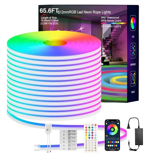 MFWW Neon Rope Lights, 65.6FT RGB LED Strip Lights App Control,IR Remote,Music Syncing,Outdoor IP67 Waterproof,Flexible DIY Design for Bedroom,Living,Gaming,Party Decoration - 65.6FT