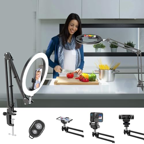 Overhead Camera Mount with 10" Selfie Ring Light and Phone Holder for Desk,Phone Mount Arm Stand with Remote for iPhone,Overhead Tripod for Video Recording Vlog TikTok Live Stream Cooking Nail Art - Desk