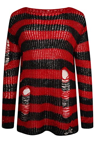 Ro Rox Gothic Knitted Jumper with Distressed Look - Oversized Pullover with Ripped Design, Long Sleeves, Loose Fit, 90s Grunge Style Stripe Pattern - 14-16 - Red