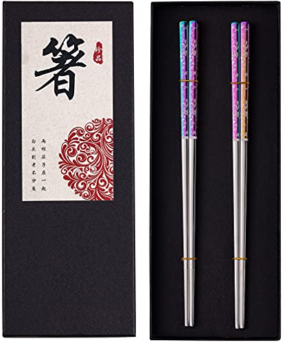 Chopsticks Reusable Metal Chopsticks Titanium Plated 18/8 Stainless Steel Chopsticks Dishwasher Safe Premium Non-Slip Laser Engraved Chop Sticks Korean Chopsticks 2 Pairs Gift Set Rainbow Silver - Rainbow Silver
