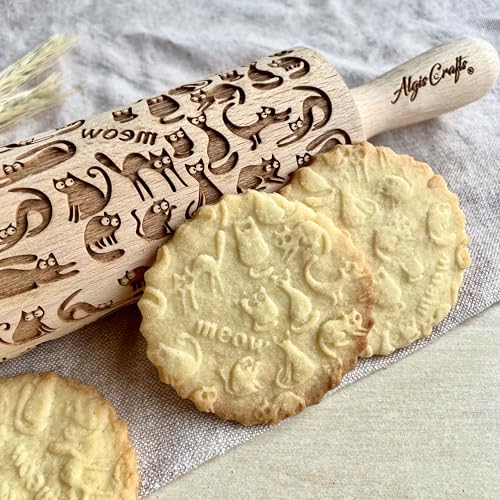 Meow CATS Embossing Rolling Pin. Laser Engraved Wooden Dough Roller with Cats Pattern for Homemade Cookies by Algis Crafts - CATS