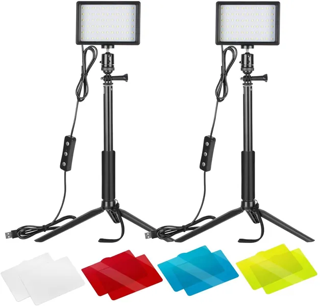 Neewer 2-Pack Dimmable 5600K USB LED Video Light with Adjustable Tripod Stand and Color Filters for Tabletop/Low-Angle Shooting, Zoom/Video Conference Lighting/Game Streaming/YouTube Video Photography - 