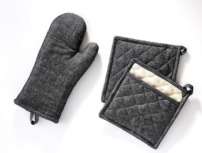 Oven Mitt & 2 Pot Holders Set, Linen-Cotton, Complete Protection with Long Oven Mitt, Heavy Duty Thick Gloves, Heat Resistant, Glove Pot Holders for Kitchen, Cooking Grill (Charcoal Grey, Set of 3)