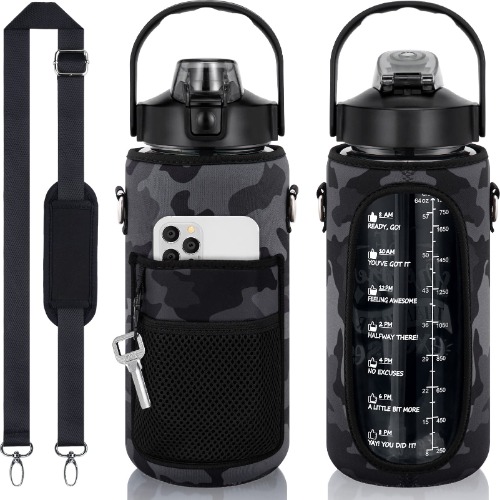 Half Gallon Water Bottle with Sleeve 64 OZ Motivational Water Bottle with Straw & Time Marker to Drink - Leakproof Tritan BPA Free Sport Water Jug Reusable Insulated Neoprene Men Women for Gym Workout - B1.Camo