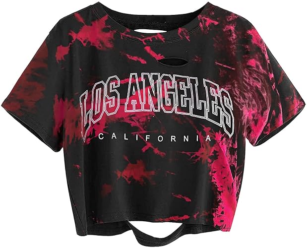 Avanova Women Los Angeles Graphic Distressed Oversized Crop Top Short Sleeve Ripped Boxy Loose Tee Shirt - Small - Tie Dye Red