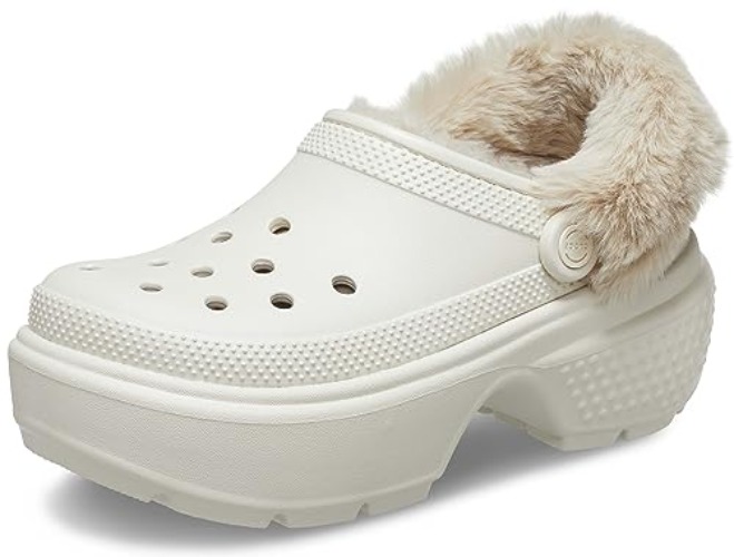 Crocs Unisex Stomp Lined Clogs, Fuzzy Slippers, Platform Shoes, Stucco, 6 US Men