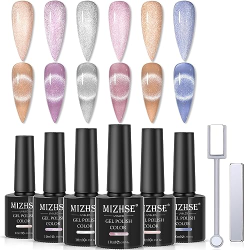 MIZHSE 10ml*6 Colors Cat Eye Gel Nail Polish, Crystal Magnetic Gel Polish Glitter Pink Gold Sparkle Gel Polish Set with Universal Sliver Cat Eye Gel, 2 Magnet Sticks, Summer Nail Art, Lady Gift Set - A-Sparkle Shimmer Set