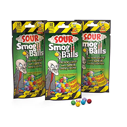 TOXIC WASTE | 3-Pack Bags of Sour Smog Balls | Deliciously Hard Candy with a Chewy Sour Center - 6 Flavors: Lime, Cherry, Strawberry, Lemon, Blue Raspberry, and Grape - sour - 3 Ounce (Pack of 3)