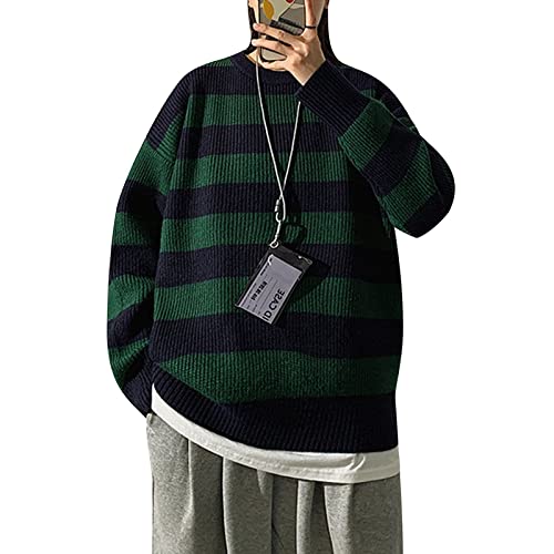 FeMereina Women's Y2K Aesthetic Sweater Striped Oversized Harajuku RetroKnitted Jumper Tops Color Block Vintage Pullover - Green - M