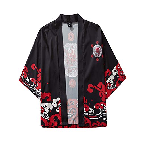 Men's Loose Baggy Kimono Jackets Cardigan Lightweight Casual Japanese Seven Sleeves Open Front Coat Outwear - X-Large - Black