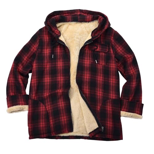 aihihe Men's Hooded Quilted Lined Flannel Shirt Jacket Plus Size Long Sleeve Plaid Zipper Jackets Winter Thermal Outerwear - X-Large - 15-red