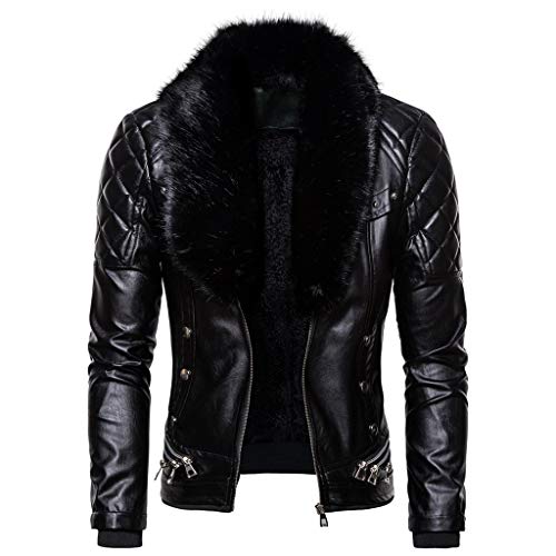 SPE969 Men's Zipper Removable Fur Collar Jacket,Leather Vintage Steam Pocket Punk Gothic Retro Coat - X-Large - Black