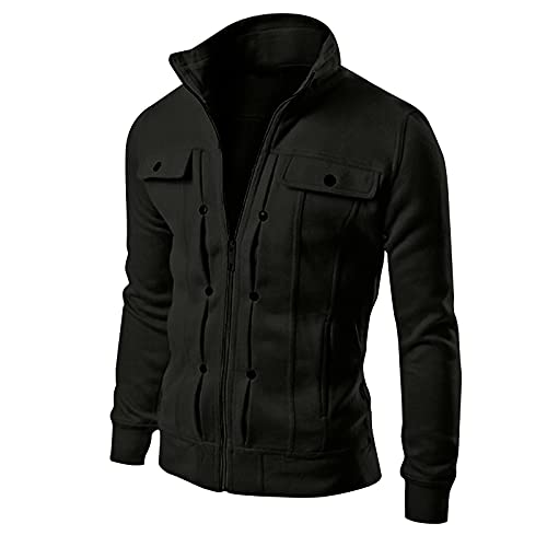 DuDubaby Mens Windbreaker Jackets Lightweight Men's Ski Jacket Fashion Casual Loose Stand Collar Button Decorated Sweatshirt - X-Large - 1-black
