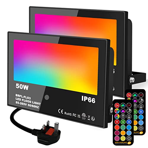 LED Floodlight Outdoor 50W, RGB Colour Changing Flood Lights, Timed, Dimmable Wall Washer Garden Party Stage Light,IP66 Waterproof UK3-Plug (2 Pack)