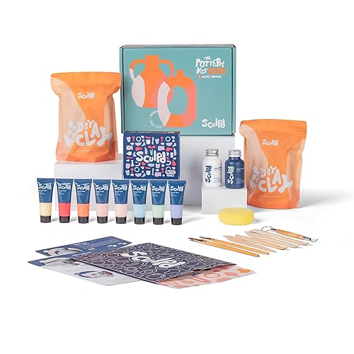 Sculpd - The Original Pottery Starter Kit - Complete Air Dry Clay Beginner Set for 2 Adults: Includes Sculpting Tools, Gloss Varnish, Paint Brushes, Guide, Video Tutorials - Gift, Arts Crafts Hobby - Gloss Varnish with Pastel Paint