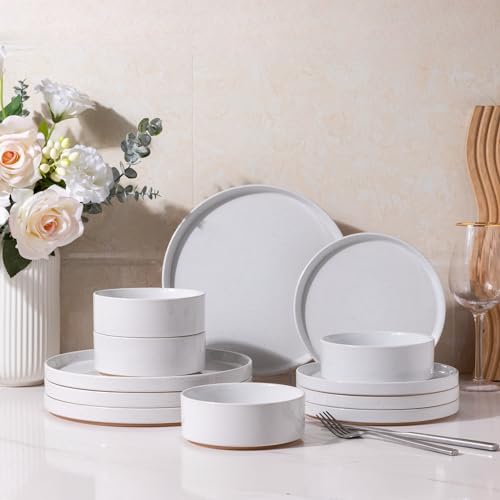 AmorArc Ceramic Dinnerware Set for 4 | Speckled Stoneware Plates and Bowls with unglazed terracotta | Scratch Resistant, Dishwasher & Microwave Safe Dishes Sets- 12-Pcs Milk White - Service for 4 - Modern-White