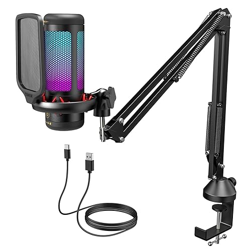 Gaming USB Microphone Set for PC, TONOR RGB Condenser Mic with Boom Arm Quick Mute, RGB Lighting, Pop Filter, Shock Mount, Gain Control for Streaming Podcasting Recording Discord Twitch YouTube TC310+ - TC310+ - Black