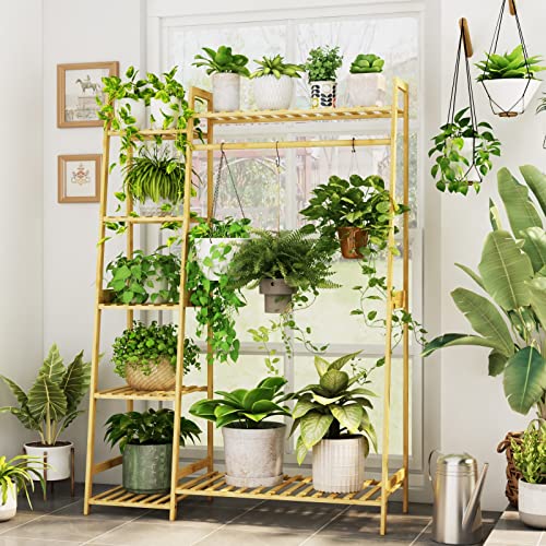 Bamworld Hanging Plant Stand Indoor Bamboo Tall Plant Stand for Multiple Plants Plant Shelf Coat Rack Stand for Window Plant Shelf Indoor Garden Balcony Home Decor Living Room Bedroom - Trapezoid
