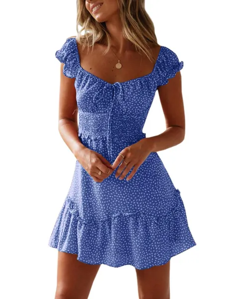YOBECHO Women's Summer Ruffle Sleeve Sweetheart Neckline Printing Dress Mini Dress - Small Blue