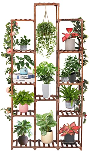 XXXFLOWER Plant Stand Indoor Outdoor 13 Tiers Wood Plant Shelf for Multiple Plants ，Large Plant Rack for Window Garden Balcony Patio Porch Living Room - Brown-13 Potted