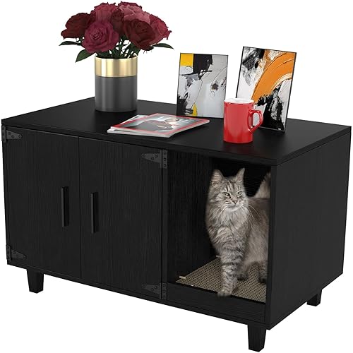 GDLF Modern Wood Pet Crate Cat Washroom Hidden Litter Box Enclosure Furniture House as Table Nightstand with Scratch Pad,Stackable (Black) - Black