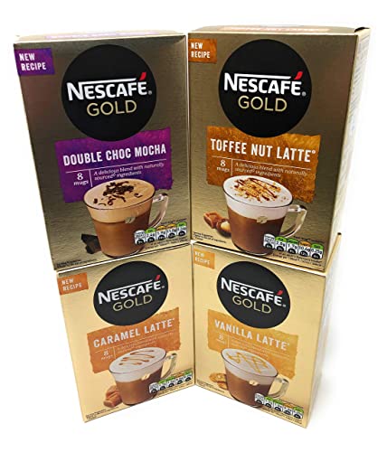 Nescafe Caramel Latte, Toffee Nut Latte, Double Choc Mocha, Vanilla Latte Coffee Bundle (x 4 Packs) (32 Sachets Total)
