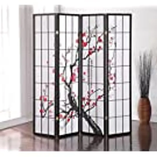 Roundhill Furniture Black Japanese 4-Panel Screen Room Divider, Plum Blossom