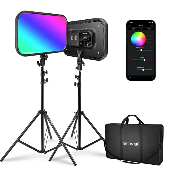 NEEWER 18.3” RGB LED Video Light Panel with App Control Stand Kit 2 Packs, 360° Full Color, 60W Dimmable 2500K~8500K RGB168 LED Panel CRI 97+ with 17 Scene Effect for Game/YouTube/Zoom/Photography