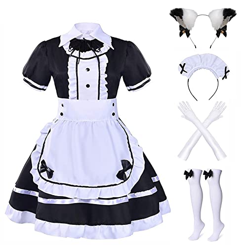 Formemory Maid Dress Cosplay Set, Women’s Maid Costume Outfit with Gloves Socks Headwear Halloween Costumes for Girl Fancy Dress - Style 1 + Cat Ear Hairband - XL