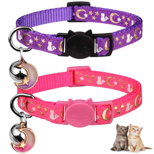 2PCS Breakaway Cat Collars with Bell Moons Stars Cute Kitty Adjustable Safe Kitten Collars with Pendant Glow in The Dark(Purple&Pink)