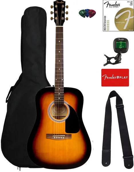 Fender FA-115 Dreadnought Acoustic Guitar - Sunburst Bundle with Gig Bag, Tuner, Strings, Strap, and Picks - FA-115 Sunburst