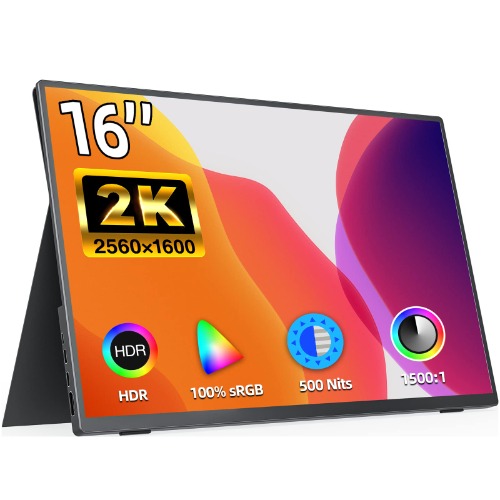 モバイルモニター kksmart 16インチ 超薄型 軽量 狭額縁 高輝度500nits 100%広色域 2K解像度（2560x1600） 画像比調整可能 VESA対応 OTG対応 モバイルディスプレイ ゲームモニター HDRモード対応 マグネット保護カバー付き 非光沢IPSパネル Type-C/標準HDMI接続可能 PS4/PS5/XBOX/Switch/PC/Macなど対応 NK-16
