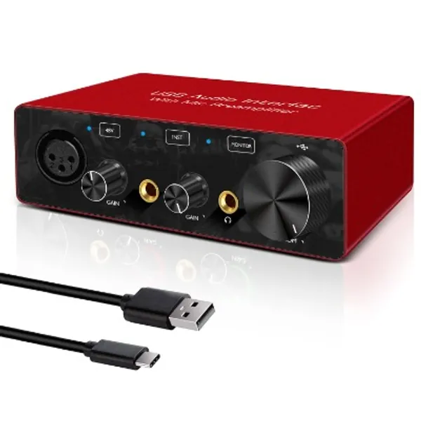 Audio Interface USB Audio Interface with Mic Preamplifier USB Audio Mixer Recorder with 48V Phantom Power, 24 Bit, Support Tablet, Computers and Other Equipment Recording （NO DAW Software included）