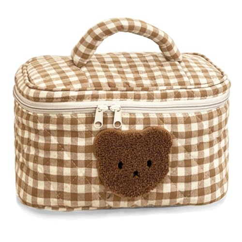 Large Cotton Makeup Bag Travel Cosmetic Bag Quilted Cosmetic Pouch Coquette Aesthetic Floral Toiletry Bag Small Cute Travel Cosmetic Bags for Women (Bear) - Bear