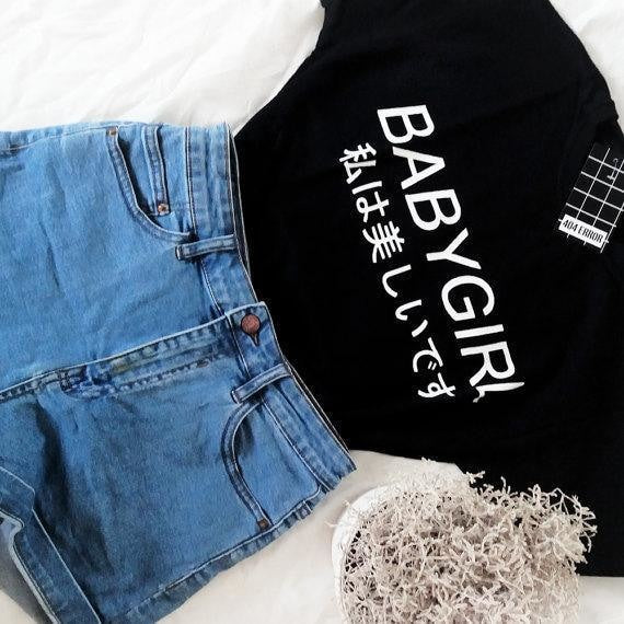 Japanese Babygirl T-Shirt - Black with white txt / M