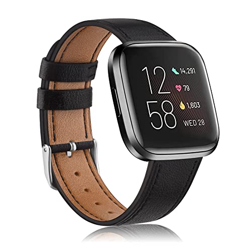 AMCC Leather Strap compatible with Fitbit Versa 2 Straps for Women Men, Soft Replacement Leather Strap - Black