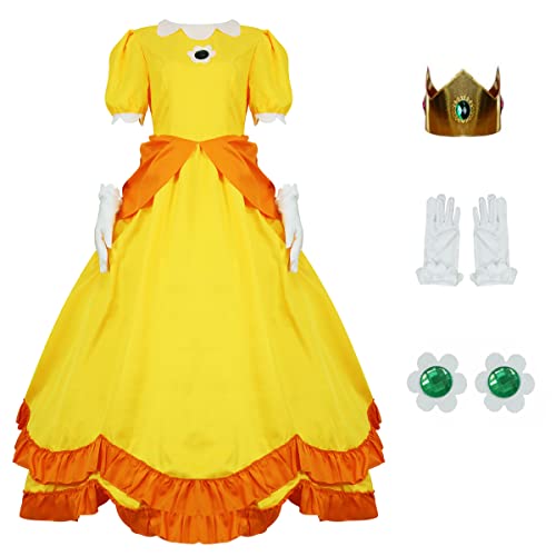 AYYOHON Princess Peach Costume Women 2023 Super Brothers Cosplay Dress Crown Earrings Gloves Full Set Adult Halloween Suit - Princess Daisy - S