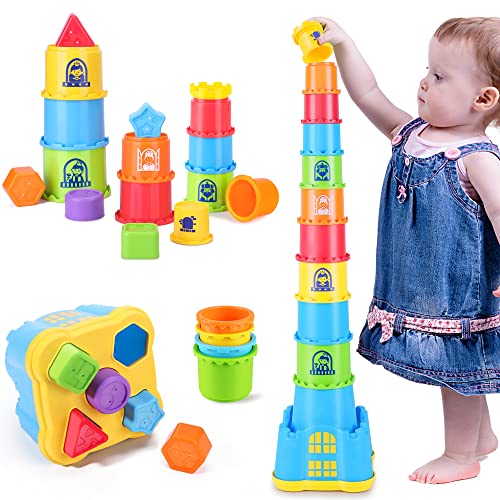 iPlay, iLearn Baby Stacking Toys, Toddler Nesting Stack Cups, Infant Stackable Block, Kids Sorting Game W/Shape Sorter for Sand Bath, Birthday Gifts for 12 18 24 Month, 1 2 3 Year Old Boys Girls - Castle