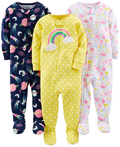 Simple Joys by Carter's Toddlers and Baby Girls' Snug-Fit Footed Cotton Pajamas, Pack of 3 - 3T - Navy Space/Pink Dinosaur/Yellow Dots