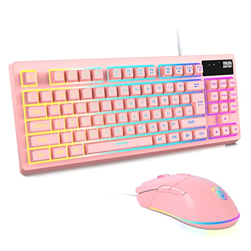 RGB Pink Gaming Keyboard and Mouse Combo,87 Keys Wired Backlit Mechanical Feeling with 7200 DPI Set for PC MAC PS4 Xbox Laptop - PINK-Wired
