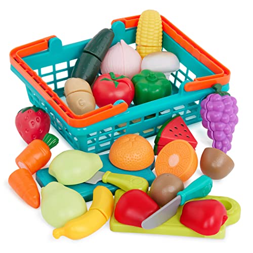 Battat Play Food for Toddlers with Farmers Market Basket and Chopping Board, Toy Food for Kids Kitchen and Pretend Play for Ages 3+ (37 Pcs) - Farmers Basket