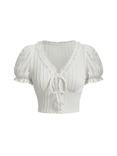 Verdusa Women's Knot Front Lace Trim Puff Sleeve V Neck Crop Tee Shirt Top - Medium - White