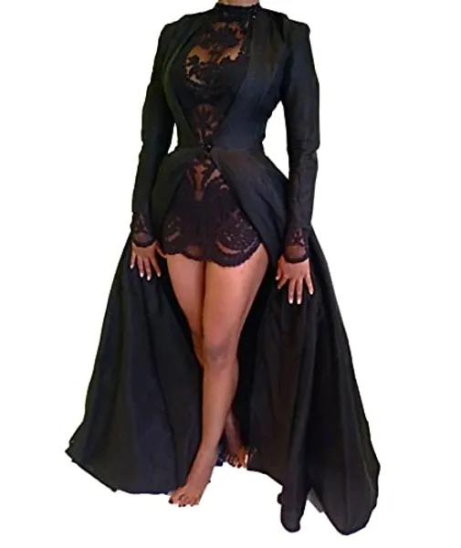 xxxiticat Women's Sexy 2Pcs Gothic Lace Sheer Jacket Long Dress Gown Party Halloween Costume Outfit - X-Large - Black