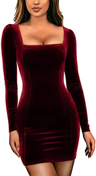 GOBLES Womens Sexy Velvet Long Sleeve Bodycon Elegant Mini Party Dress - X-Large - Wine Red