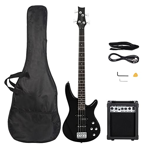 Ktaxon Electric Bass Guitar 4 String Bass Guitar with 20 Watt Amplifier, PJ Type Pickup, Naturally air-dried Maple Neck, Rosewood Fretboard, Basswood Body(Black) - PJ-Style - Black