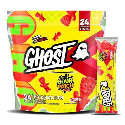 GHOST Hydration Packets, Sour Patch Kids Redberry, 24 Sticks, Electrolyte Powder - Drink Mix Supplement with Magnesium, Potassium, Calcium, Vitamin C - Vegan, Free of Soy, Sugar & Gluten - Sour Patch Kids Redberry (Sticks)
