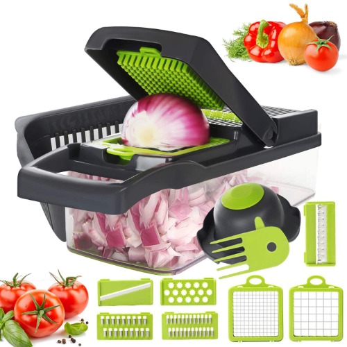 Fun Gift Groenteschaaf, roestvrij staal, 12-in-1, groentesnijder, fruitsnijder, aardappelsnijder, groenteschaaf met mesinzetstukken, handschoen voor dobbelstenen, ruiten, raspen, schaven, raspen